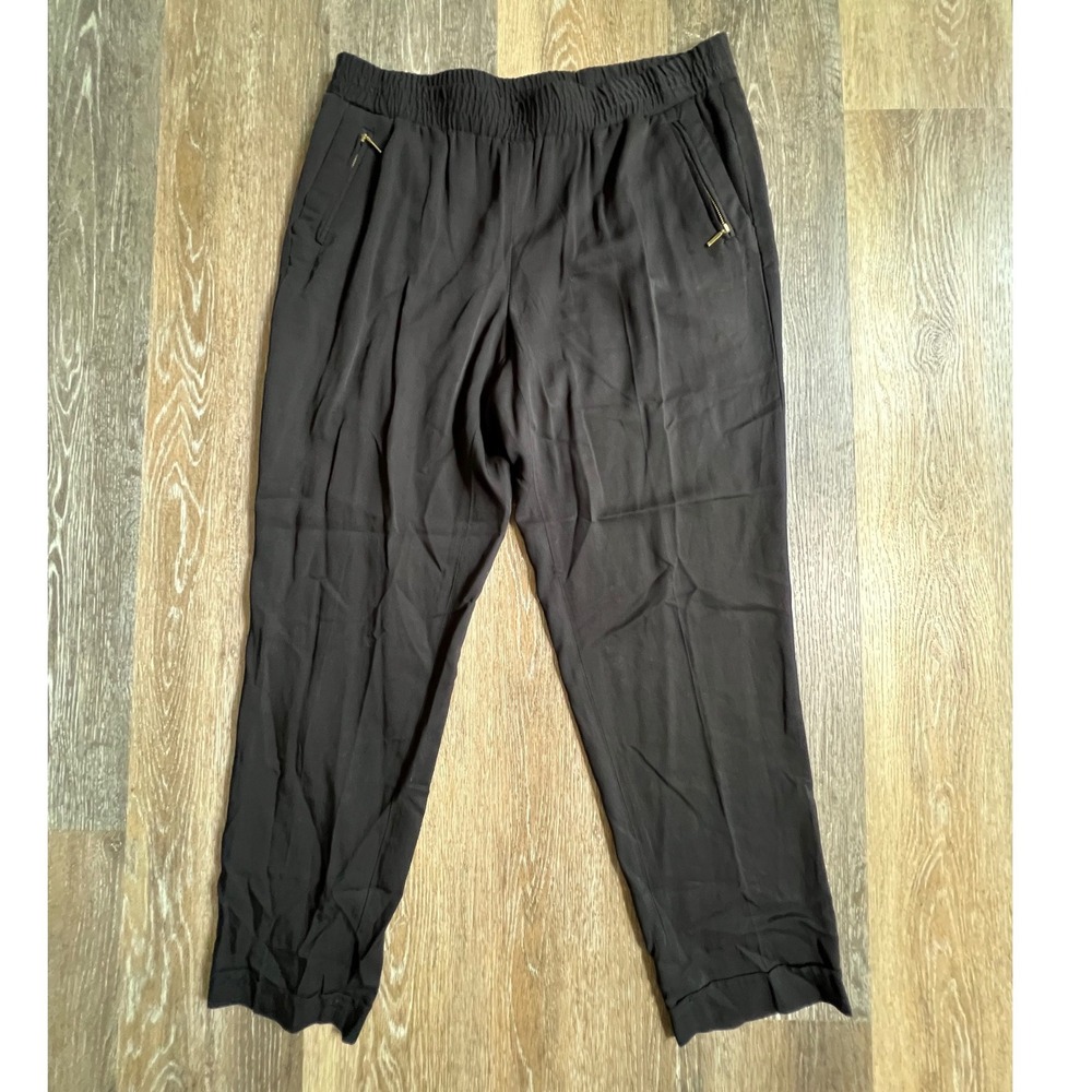 Cynthia Rowley Jogger Pants Womens Large Black Rayon Elastic Waist Gold Zip